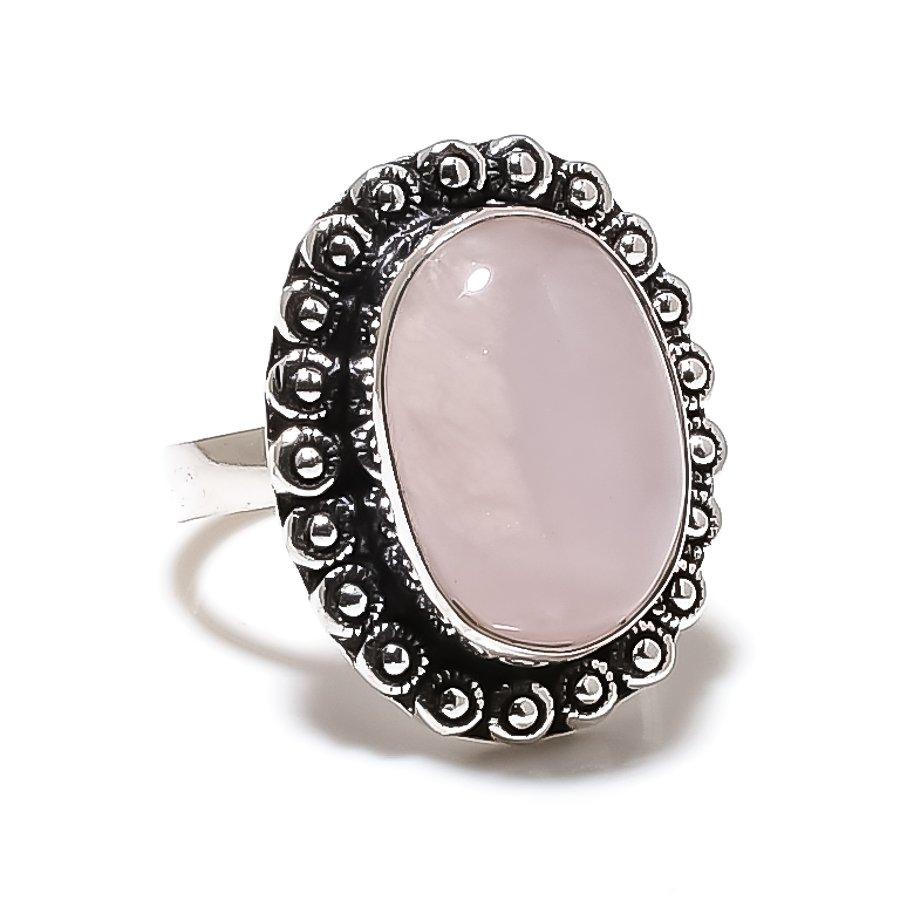 Rose Quartz Gemstone Handmade 925 Sterling Silver Jewelry Ring 8.5 SU-10018