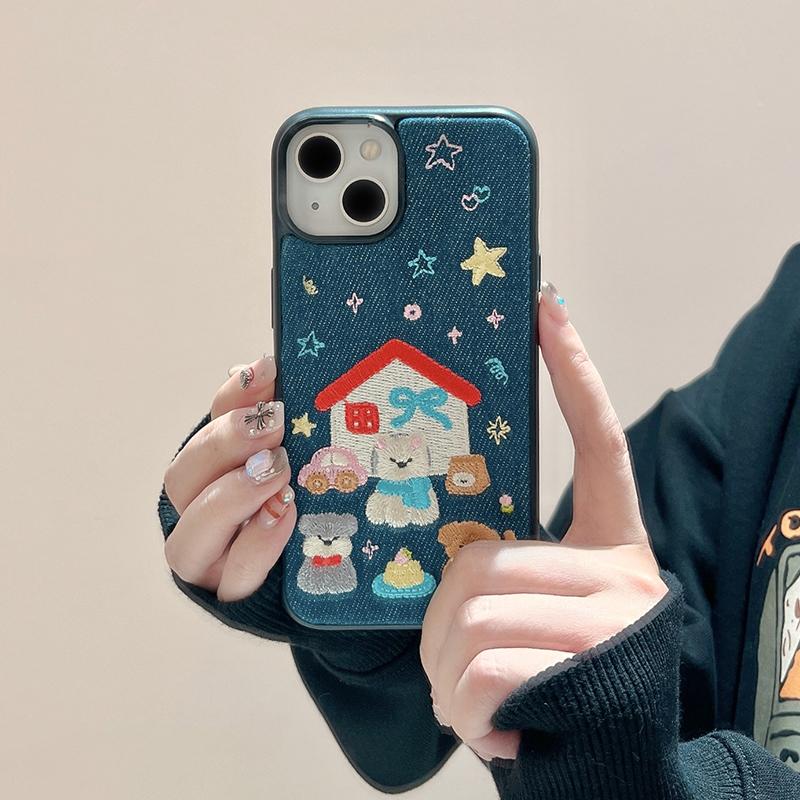 Fashion Denim Fabric Embroidery Puppy Dog Phone Case For iPhone 16 15 13 14 Pro Max Shockproof Back Cover Shell