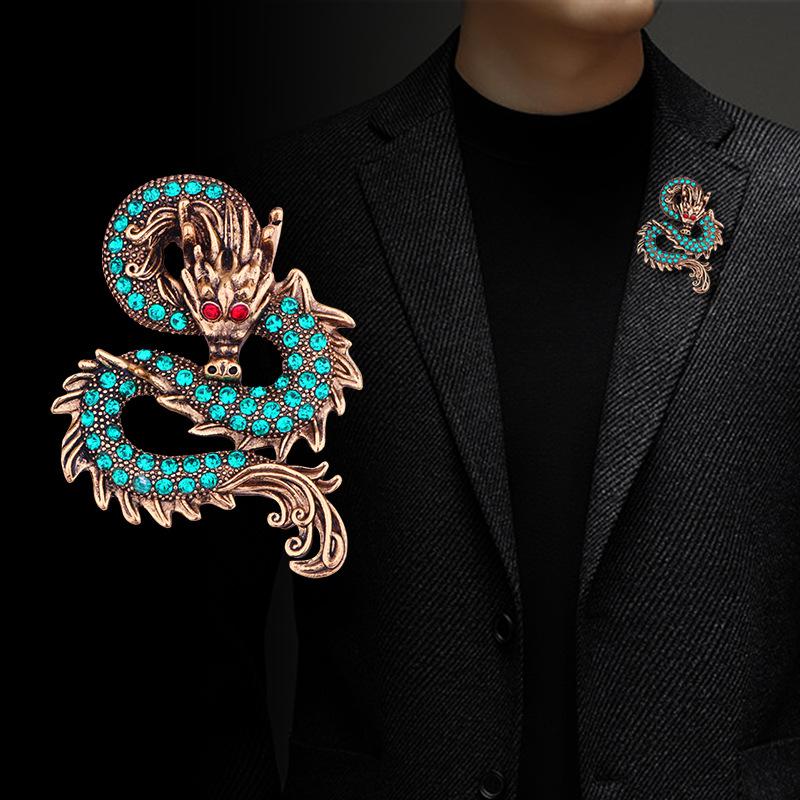Vintage Dragon Men's Brooch HighEnd Rhinestone Lapel Pins Suit Coat Accessory Animal Design Luxury Badge Jewelry Gifts
