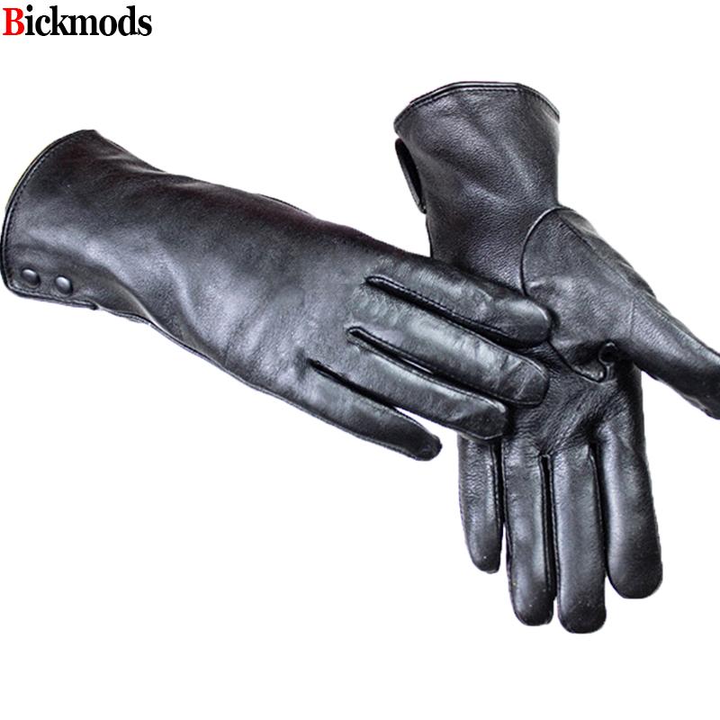 Leather Gloves Female Metal Button Style Velvet Lining Warm Autumn and Winter Free Shipping Sheepskin Gloves