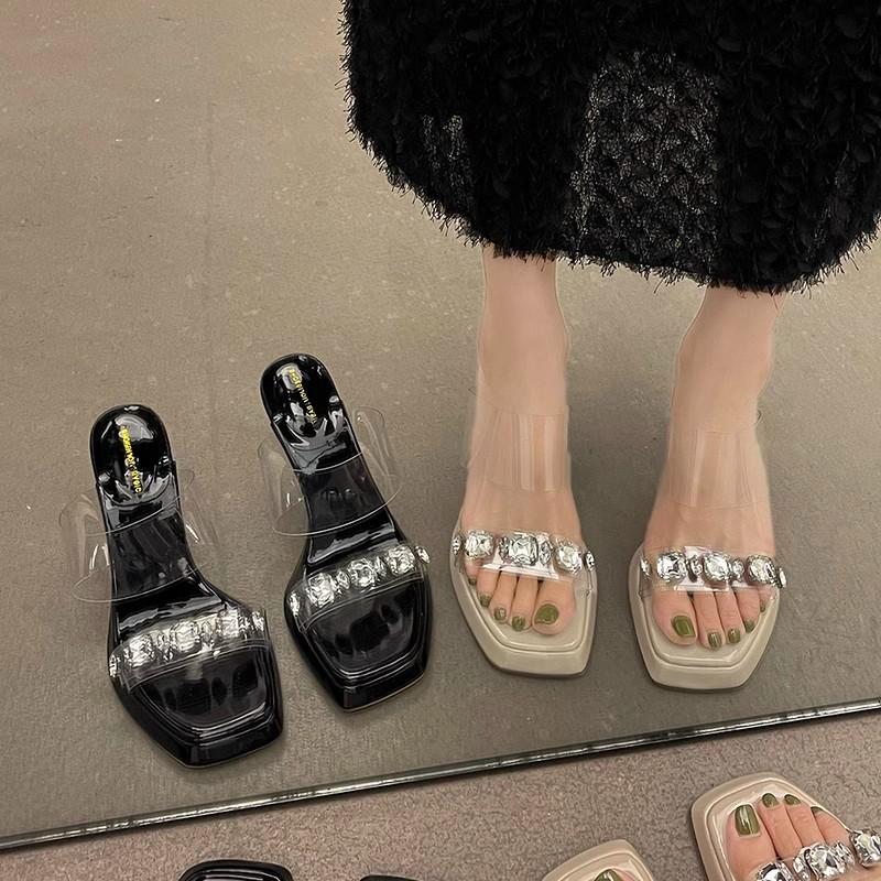 Fashion Versatile One-word Slippers for Women's Summer Wear 2025 New Transparent Crystal and Foreign Sexy High-heeled Sandals