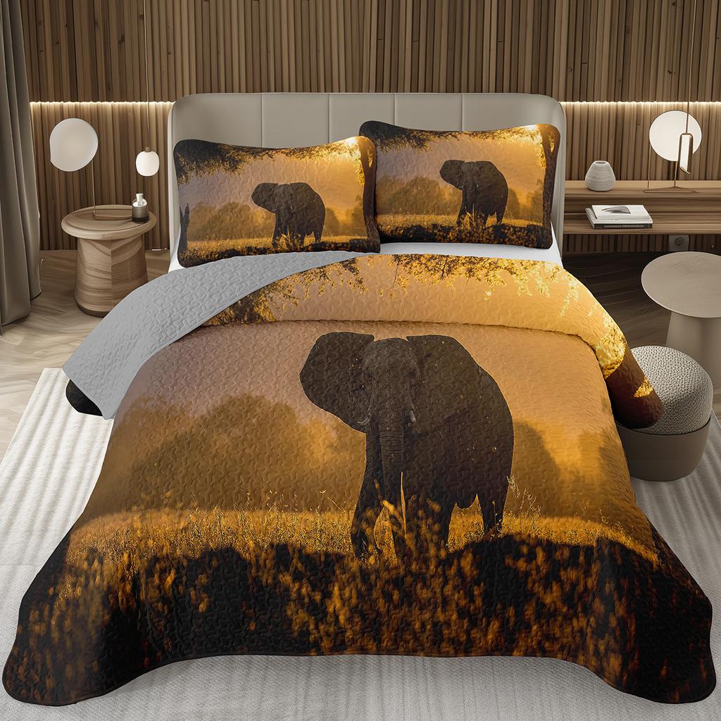 Elephant Quilt Set, African Animal Elephants Quilted Bedspread Western Rustic Farm Style Bedding Set Wild Safari Theme Coverlet