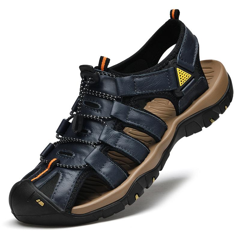 Scarpe da spiaggia impermeabili con puntale in vera pelle, sandali da guado alla moda da uomo, sandali outdoor in pelle bovina con strato per le dita