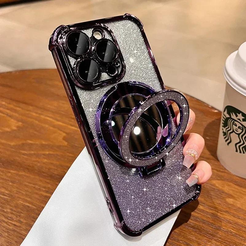 Plating Airbag Glitter Bracket Magsafe Case for iPhone 17 Air 16 15 11 12 13 14 Pro Max Luxury Mirror Cover