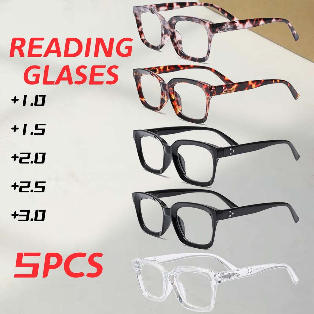 5PCS Multi-color Oversized Square Reading Glasses Men Women Large Frame Fashion Presbyopia Eyeglasses Diopter +1.0~+3.0