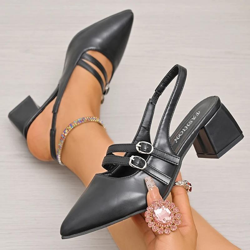 Pointed Toe Chunky Heel Sandals for Women Summer 2025 Double Buckle Strap Thick Heeled Pumps Mujer Dress Shoes Zapatos De Mujer