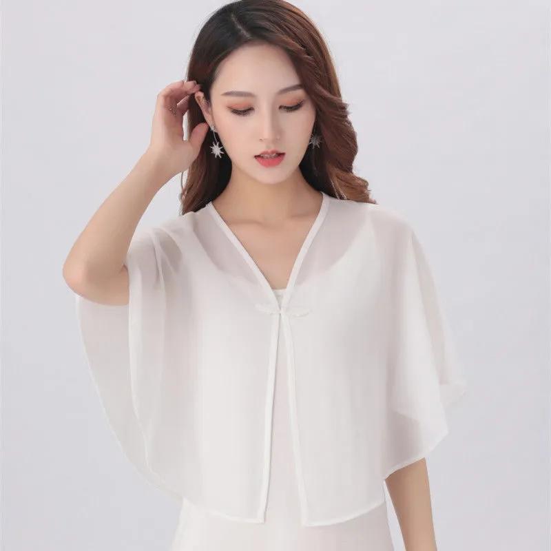 Women'S Summer Cloak Chiffon Scarf Waistcoat Loose Sunscreen Shawl Cheongsam Dress Button Blouse Shoulder Fake Collar Cape T90