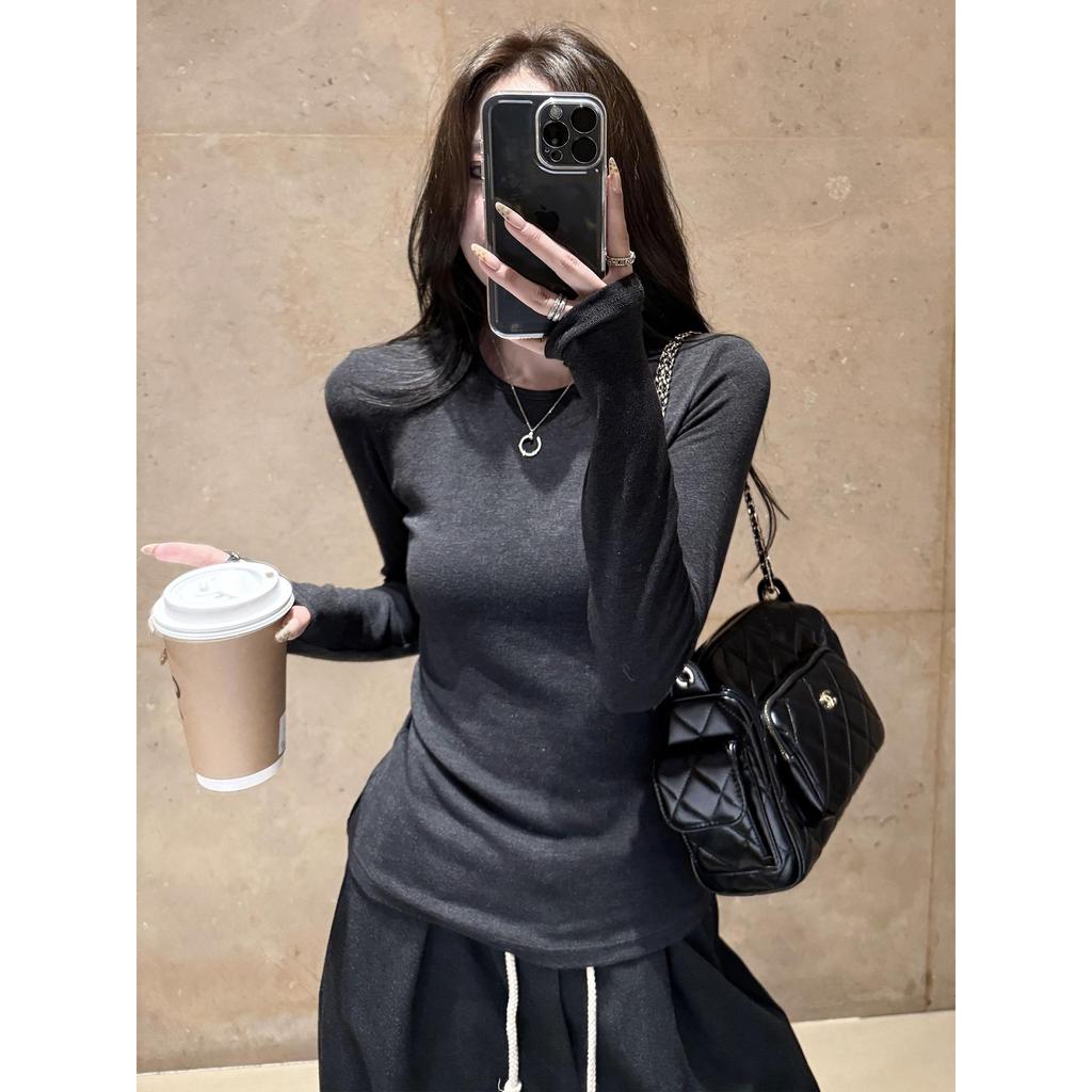 Superniniyy Brushed Long-Sleeve Slim Fit Tee – Stretchy Round Neck Base Layer Top