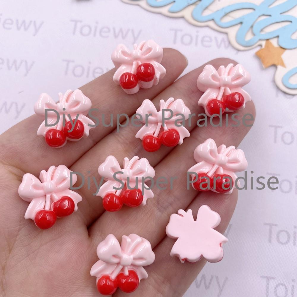 24pcs Colorful Kawaii Cartoon Bowknort Red Cherry Flat Back Stone DIY Wedding Bow Jewelry Applique Home Decor Crafts Accessories