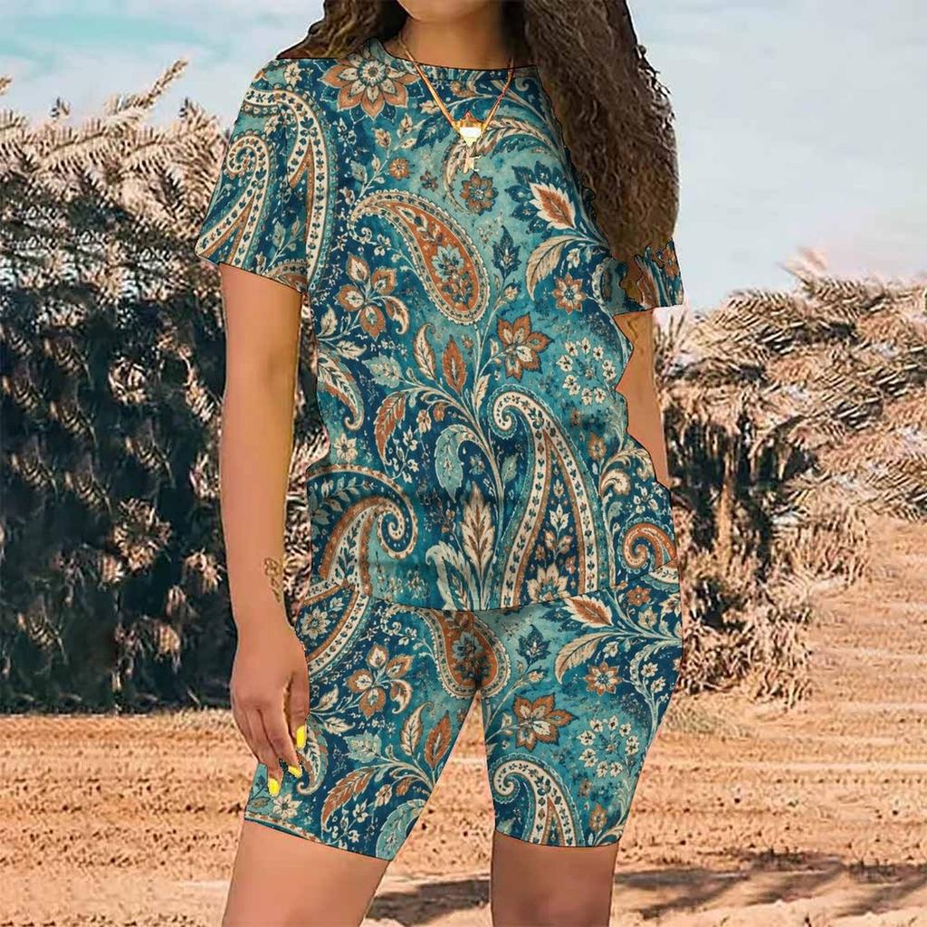 Women Plus Size Green Printed Round Neck Short Sleeve Top Fitted Shorts Two Piece Set