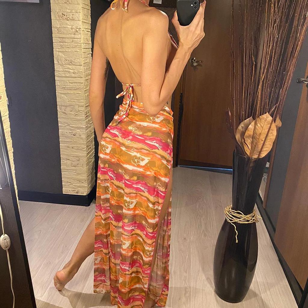 Sexy Printed Halter With Long Skirt Bikini Female Swimsuit Women Swimwear Three-pieces Bikini Set Bather Bathing Suit Swim