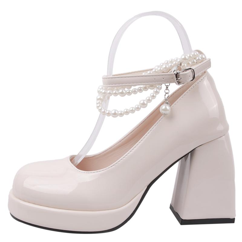Vintage High Heels Mary Jane Shoes for Women 2024 Patent Leather Platform Pumps Woman Pearls Chain Thick-Heeled Shoes Female