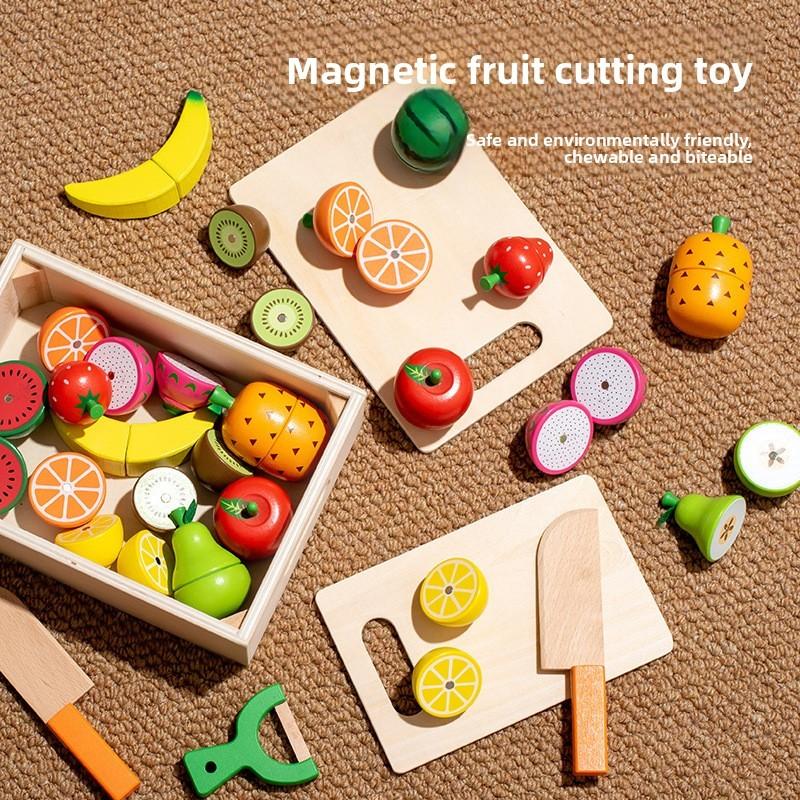 Wooden Fruit And Vegetable Cutting Toy With Magnetic Pieces For Preschool Kids Imaginative Play