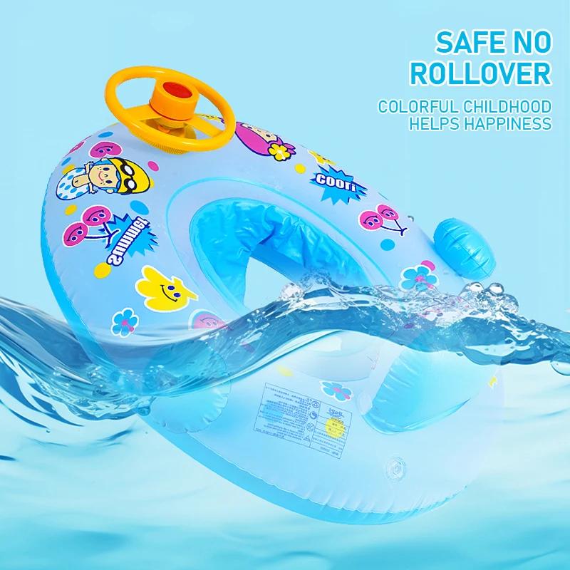 Water Floating Swimming Ring with Steering Wheel Summer Outdoor Sunshade Inflatable Toys Seat Pool Beach Water Toys for Kids