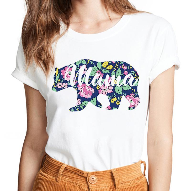 Lattice Mama Bear Letter Print T Shirt Women White Shirts Fashion O-Neck Short Sleeve T-Shirt Summer Tee Casual Top Female Tee