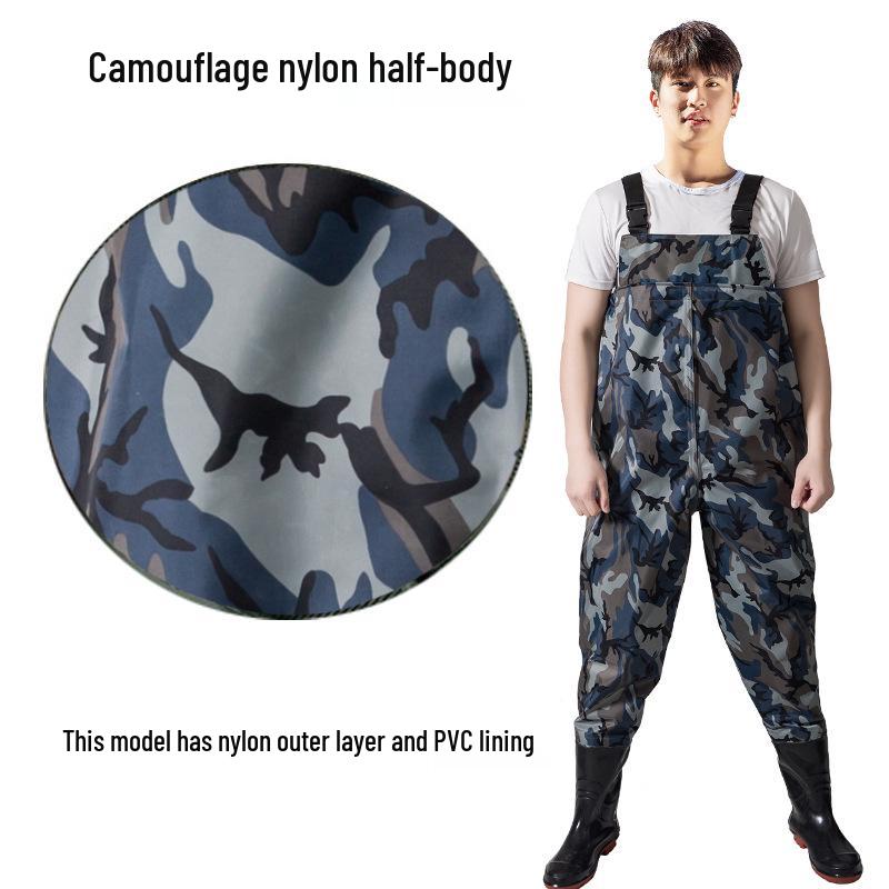 Men's Waterproof Fishing Gear: Rain Pants with Boots, Half-Body Suit, Leather Fork, Full-Body Water Shoes.
