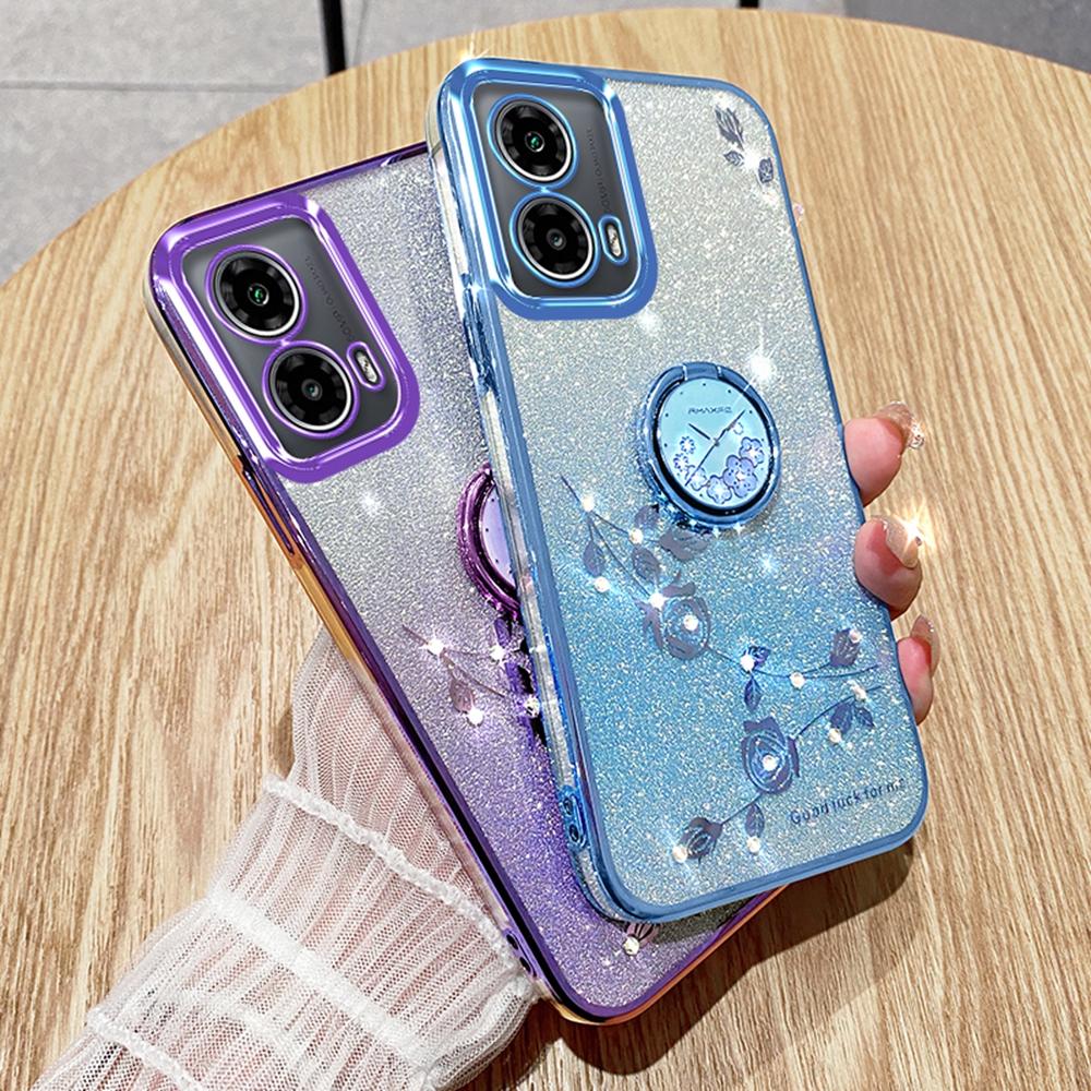 KADEM For Motorola Moto G85 5G/S50 Neo 5G Case Ring Kickstand TPU Flowers Phone Cover Gradient Glitter