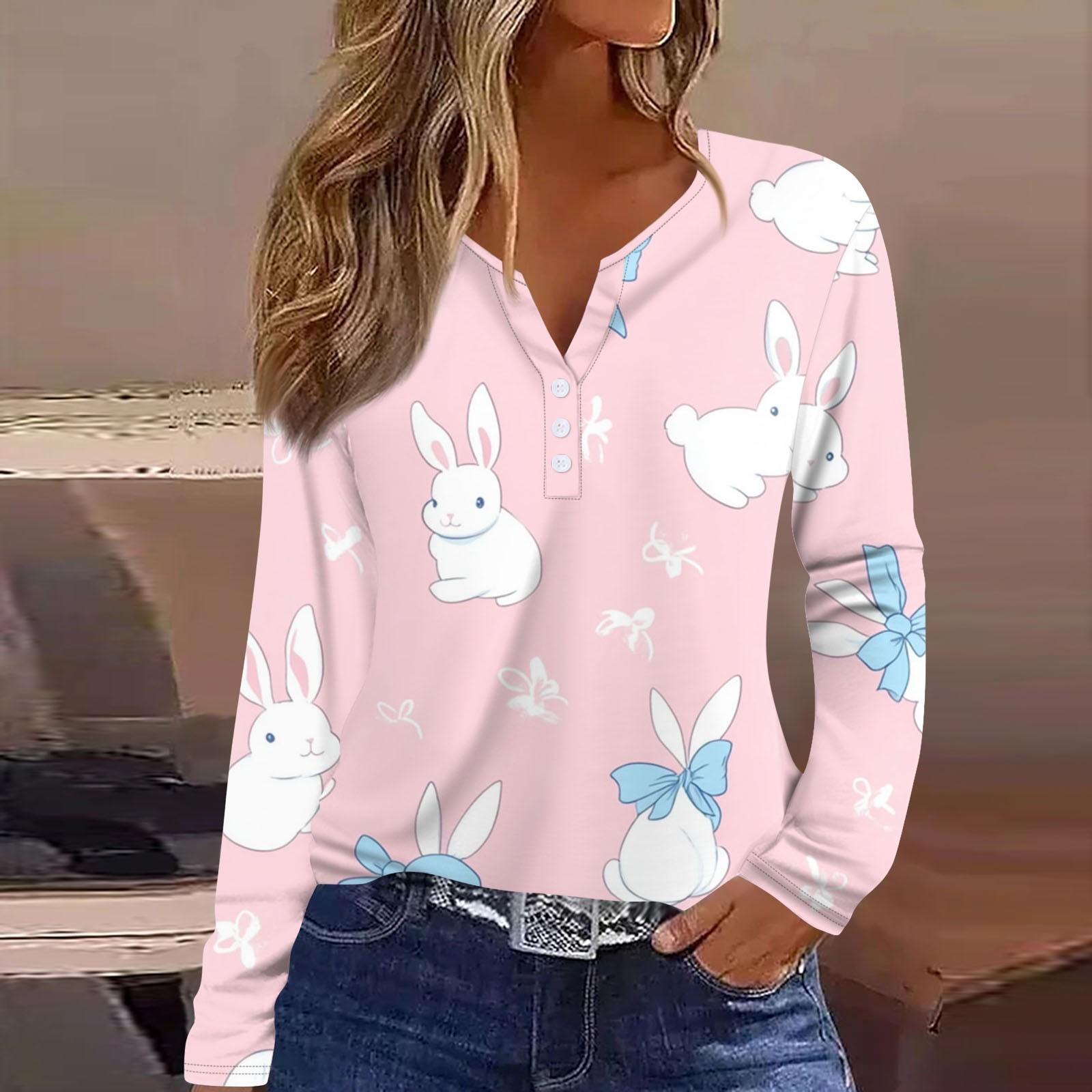 

Women s Fashion Casual Printed V-neck Long Sleeve Button Up T-shirt Top L розовый