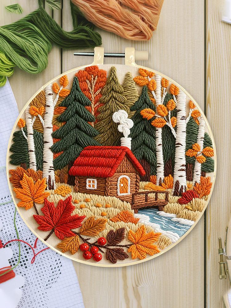 Autumn DIY Embroidery Kit with Embroidery Hoop Embroidery Stitches Practice Kit Needlepoint Kit for Beginners Craft Lovers Gift
