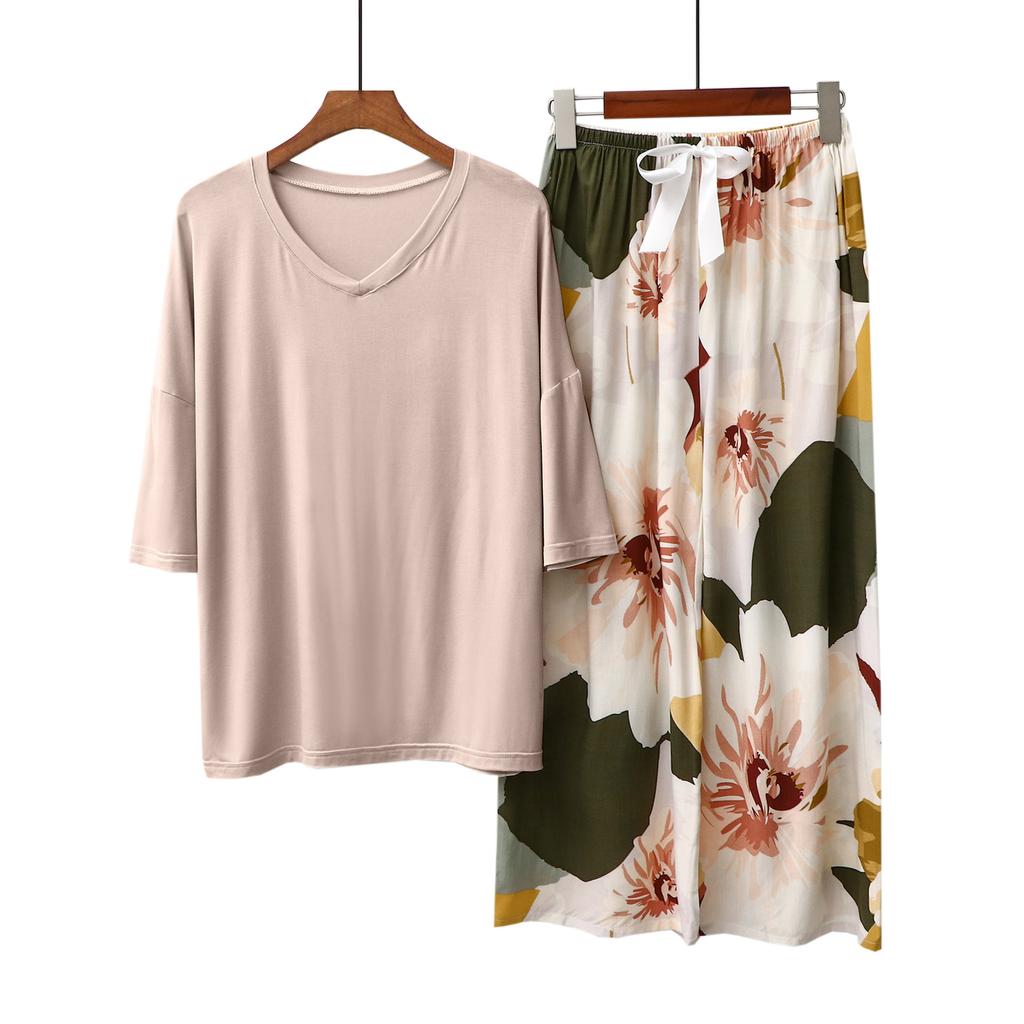 Sommer Damen Pyjama Sets Modal Kurzarm T-Shirts und Weitbein Hosen Heiß Lässig Homewear 2-teiliges Anzug Damen Nachtwäsche