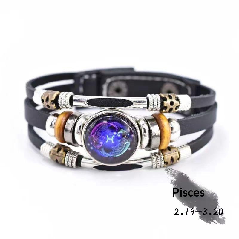 

Twelve Constellations Luminous Handmade Leather Bracelet Retro Multi-Layer Beaded Bracelet Jewelry Gifts For Men Women Couples Pisces
