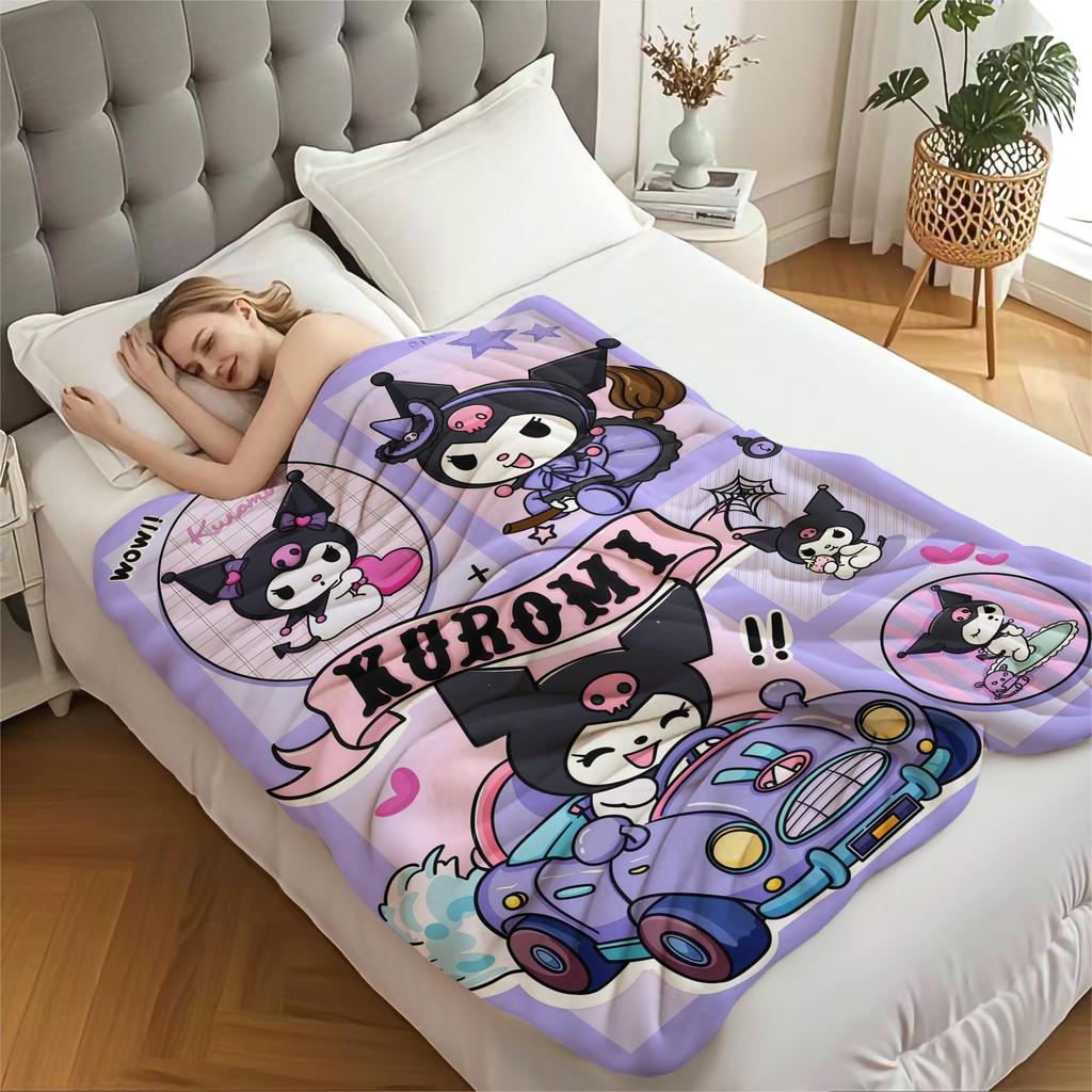 Kuromi Purple Cartoon Car Blanket Cute Comic Strip Pattern Flannel Plush Throw for Home Decor Portable Travel Camping Blanket