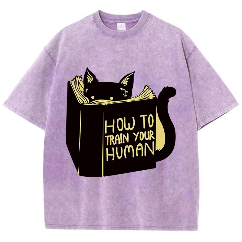 Smart Cat Reading Print T-shirt Men's and Women's Summer Breathable Shirt Water Wash Vintage Fashion Short Sleeve Soft T-shirt