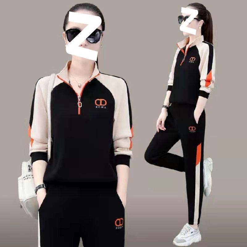 

Embroidered Sports Suit for Women, Spring and Autumn Fashion Loose Large Size Stand Collar Casual Color Matching Running Two-piece Set 4XL чорний