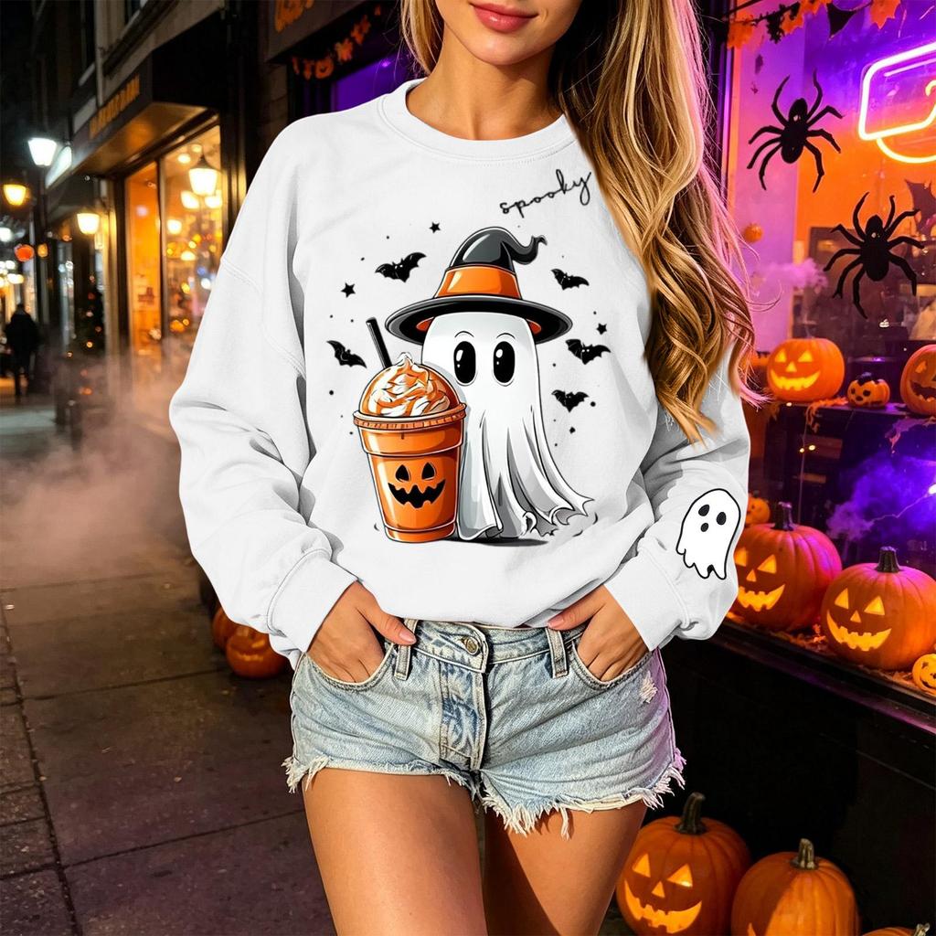 Unisex Halloween Print Long Sleeve Neck Pullover Sweatshirt, Lightweight Casual Top for Men and Women