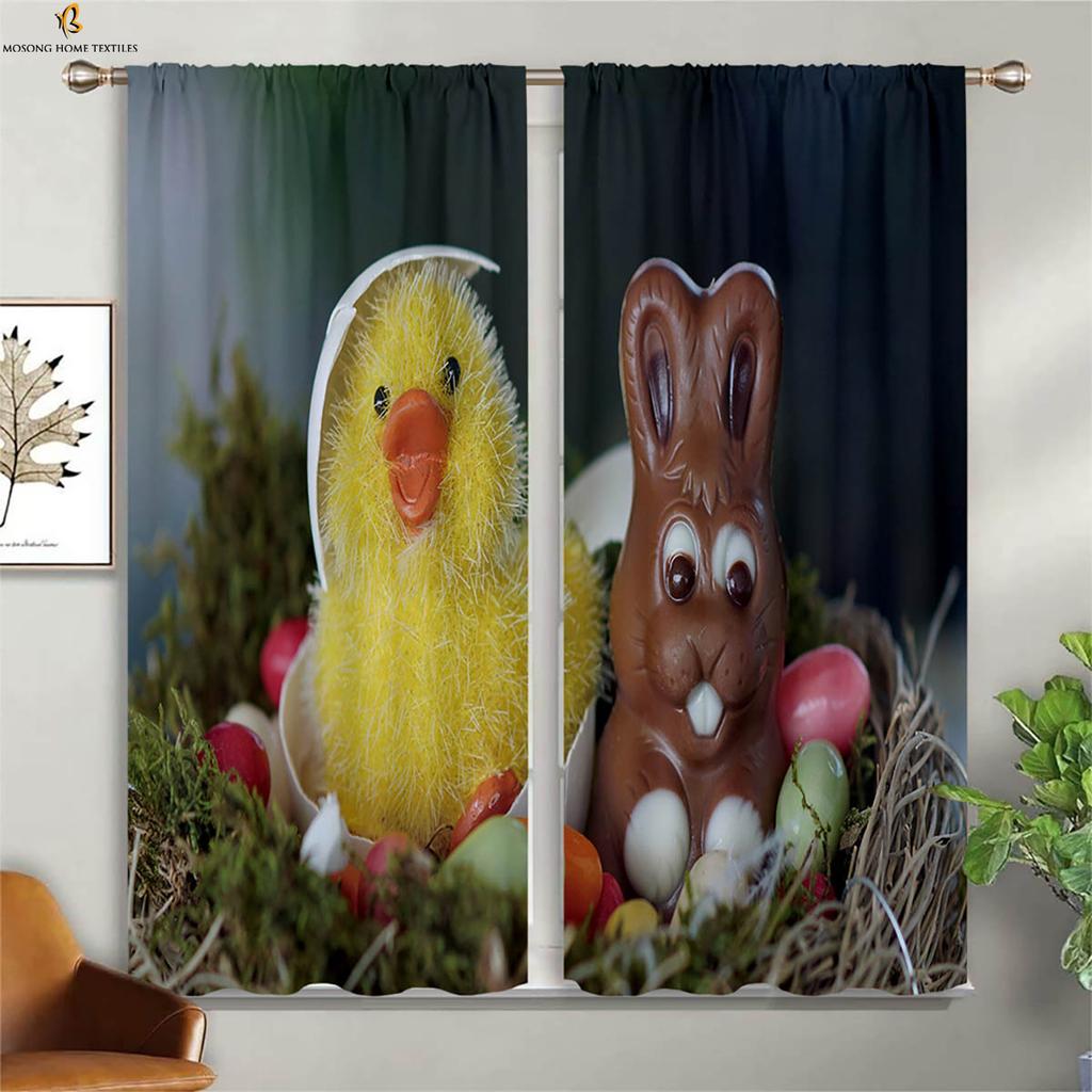 Set Of 2 Cute Cartoon Rabbit Colored Eggs Easter Print Curtain Bedroom Living Room Children Decorative Curtains Made Polyester Great Window Treatment