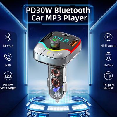 Bluetooth 5.3 Autoladegerät FM-Sender Freisprechanlage MP3-Player 36W PD QC3.0 Schnellladeadapter mit bunten Lichtern