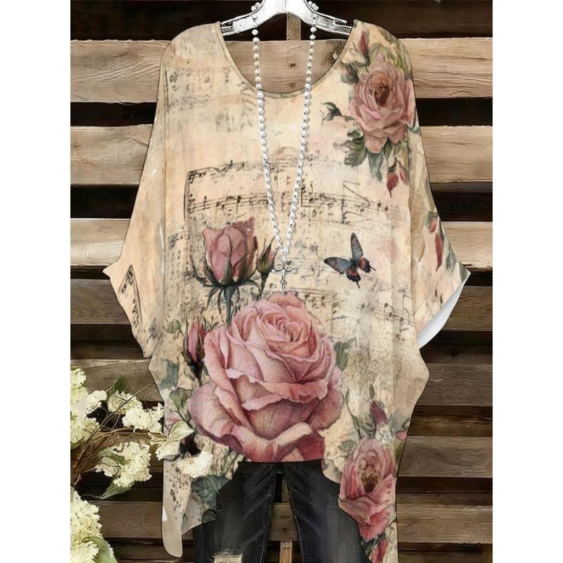 

Elegant Bohemian T Shirt Women Golden Leaf Floral Print Irregular Hem Round Neck Casual Tops Fashion All Match Vacation Tee 1XL