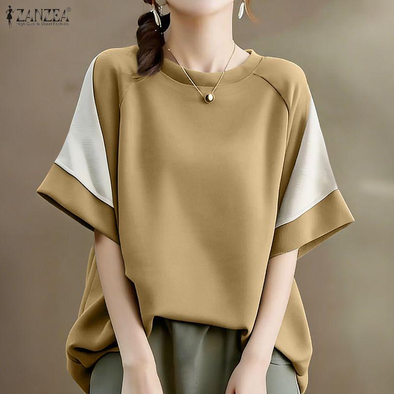 ZANZEA Women Casual Round Neck Loose Splice Short Sleeve T-Shirts