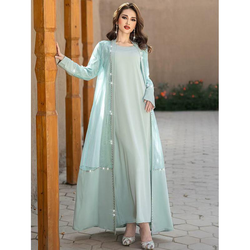 

Middle East Organza Seam Drill Cardigan Robe Dress Two-Piece Diamond Studded Dress Set Mint Green S