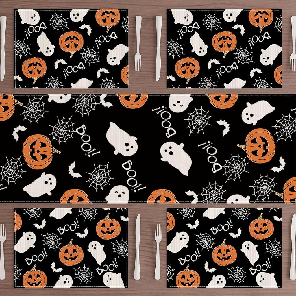 Boo Spooky Ghost Pumpkin Halloween Cloth Placemats Set of 6 Table Mats Table Decorations 12x18 Inch