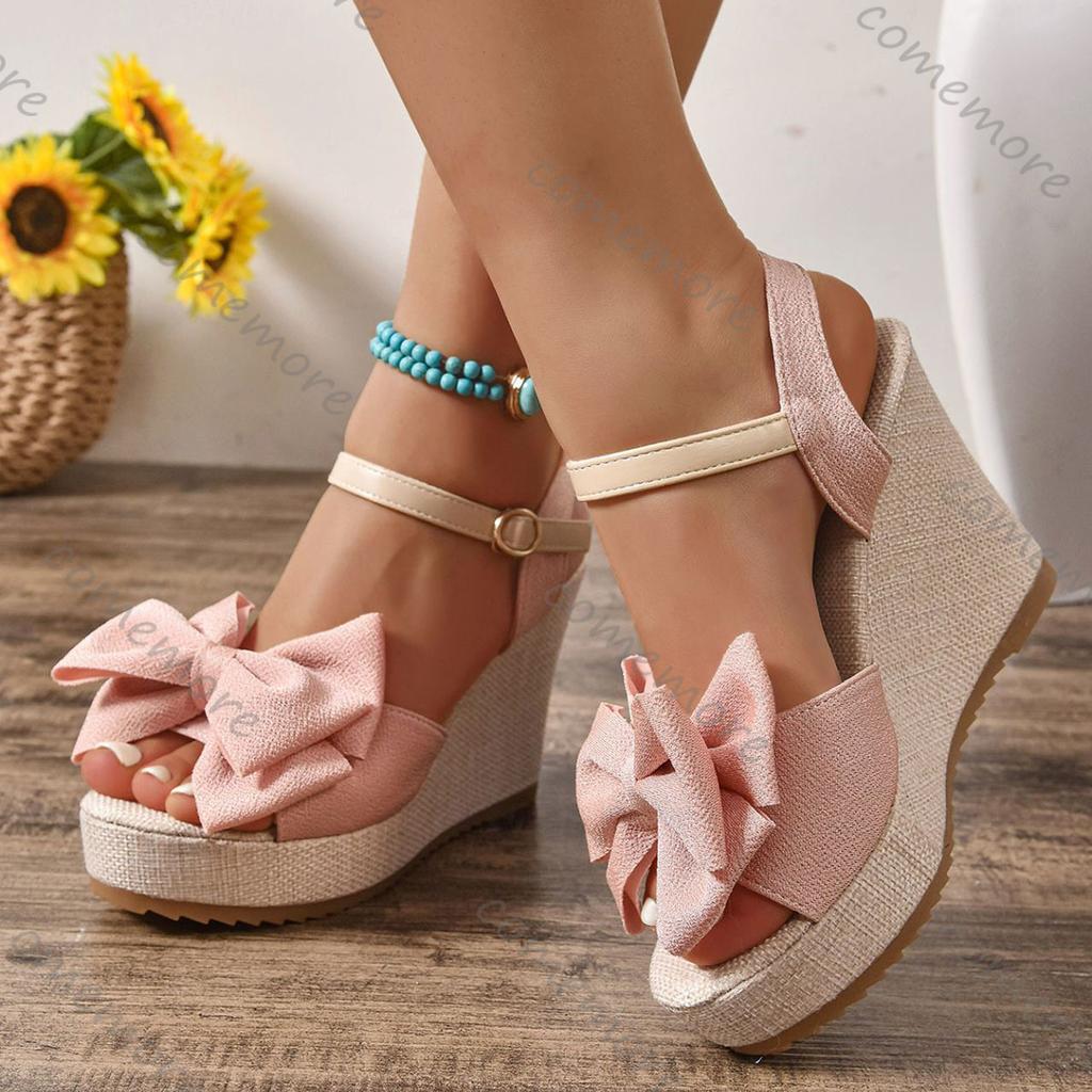 Comemore Women Sandals Bow Wedges High Heels Sandals Women New Peep Toe Platform Sandal Casual Party Daily Woman Shoes