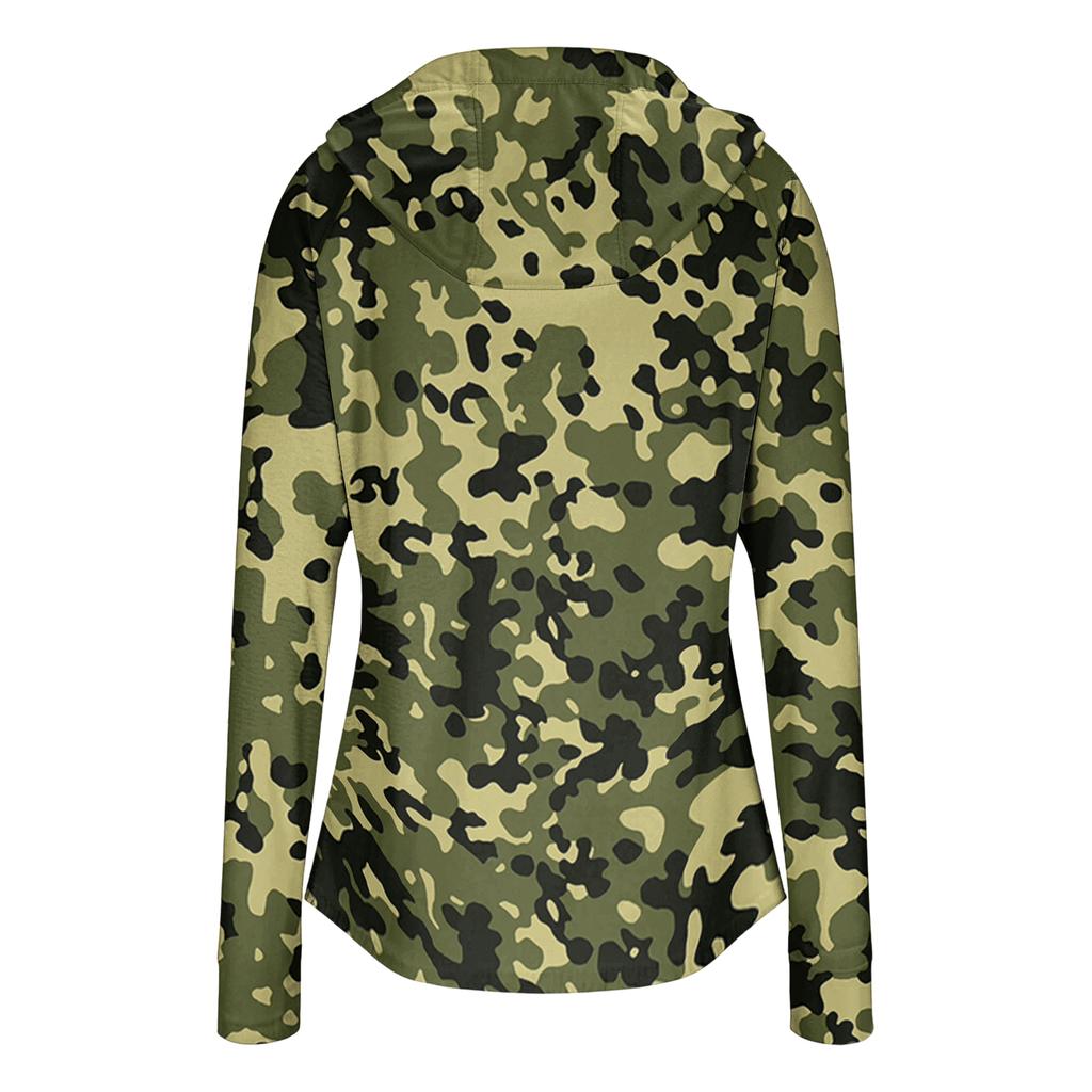 Damen Hoodie mit durchgehendem Reißverschluss, langen Ärmeln, Camouflage-Print und Fronttaschen, leichte Freizeit-Sonnenjacke