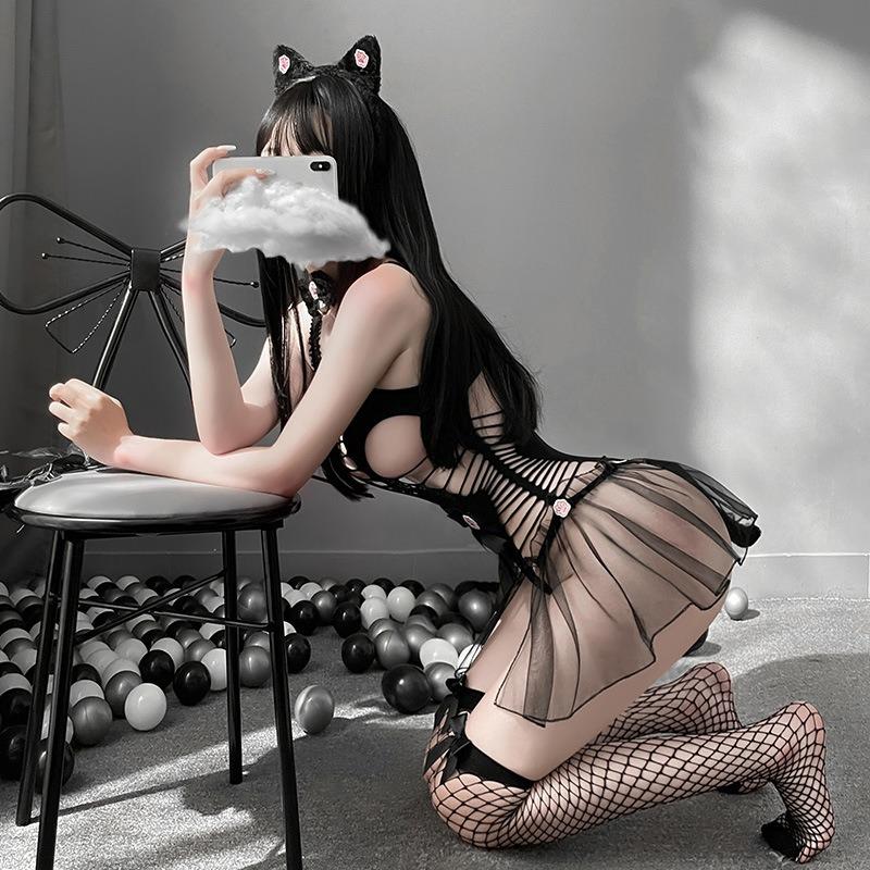 Women Sexy Hollow Out One Piece Suspender Mesh Bodysuit Role Play Lingerie Set