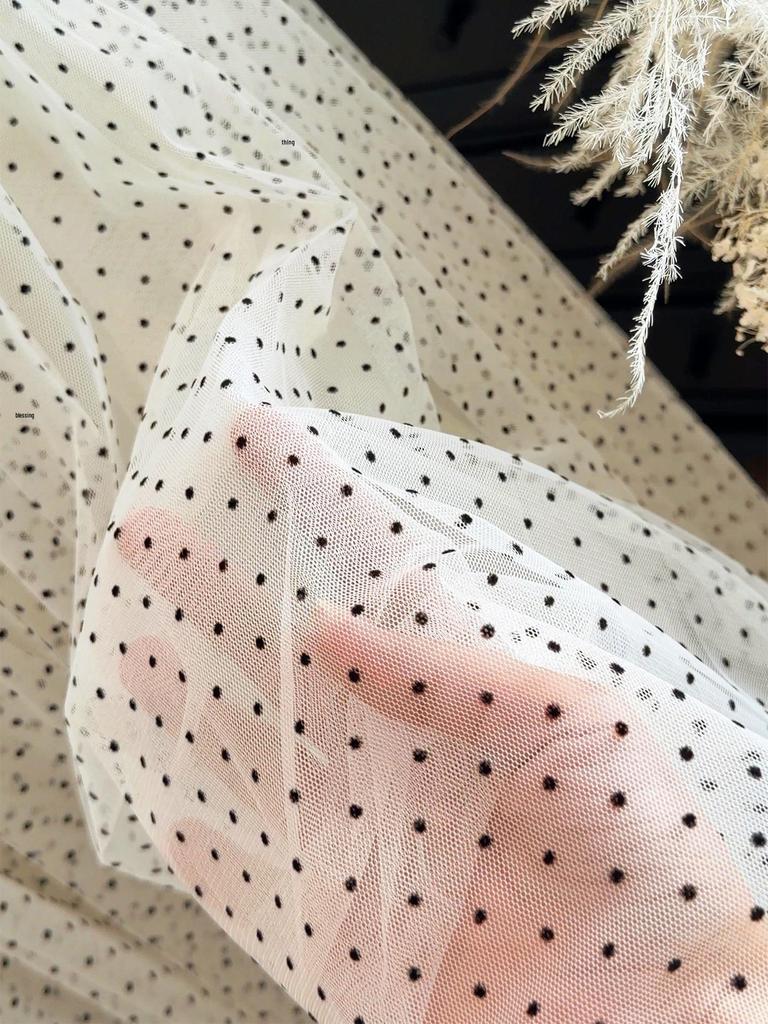 Korean Polka Dot High-Waisted Mesh Midi Skirt, Spring/Summer 2026, Elegant A-Line with Drapey Wide Hem.