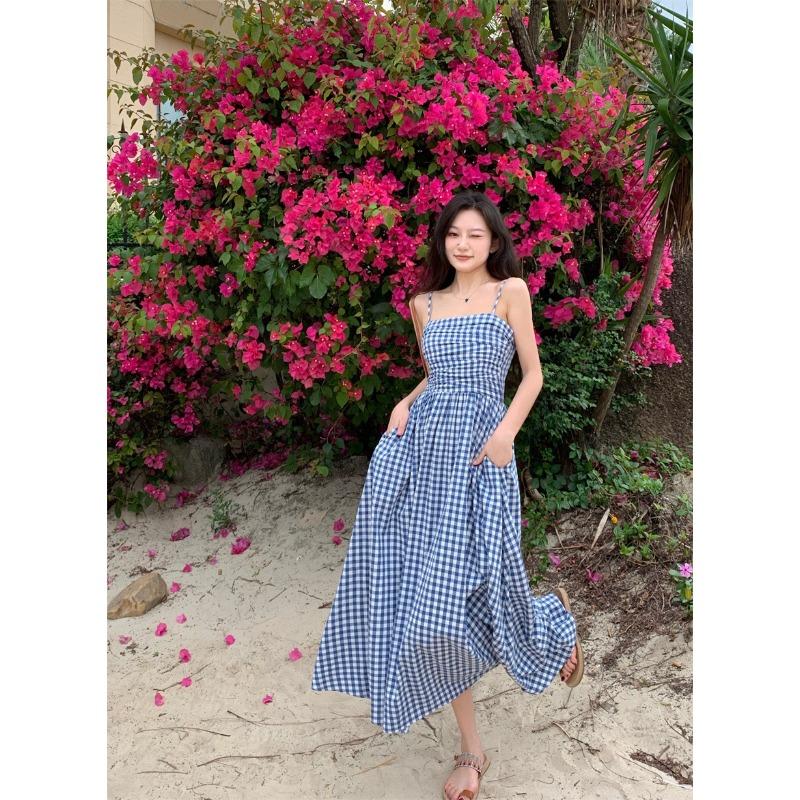 

YYFS Женская мода лето весна клетчатый принт без рукавов повседневные платья с высокой талией L