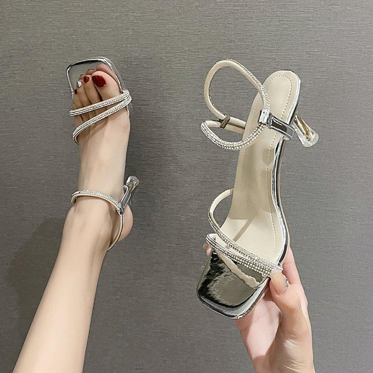 Rhinestone Sandals Women's Outer Wear 2025 Summer New Fashion Open-toed One-word Belt Fairy with Skirt High Heels Stiletto