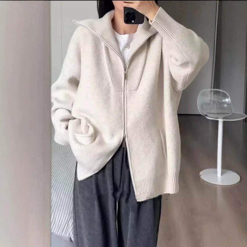 Womens Oversized Knit Cardigan Double Zip Lapel Thick Warm Sweater Coat Fall Winter