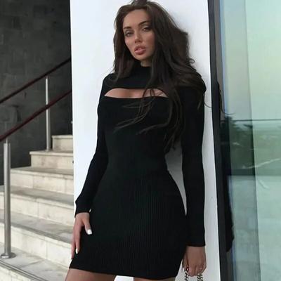 Rochie scurtă tricotată la modă, cu mâneci lungi, scobit, iarna 2023 Rochie subțire de lână, sexy, pentru femei, rochie ocazională pentru doamne 30173