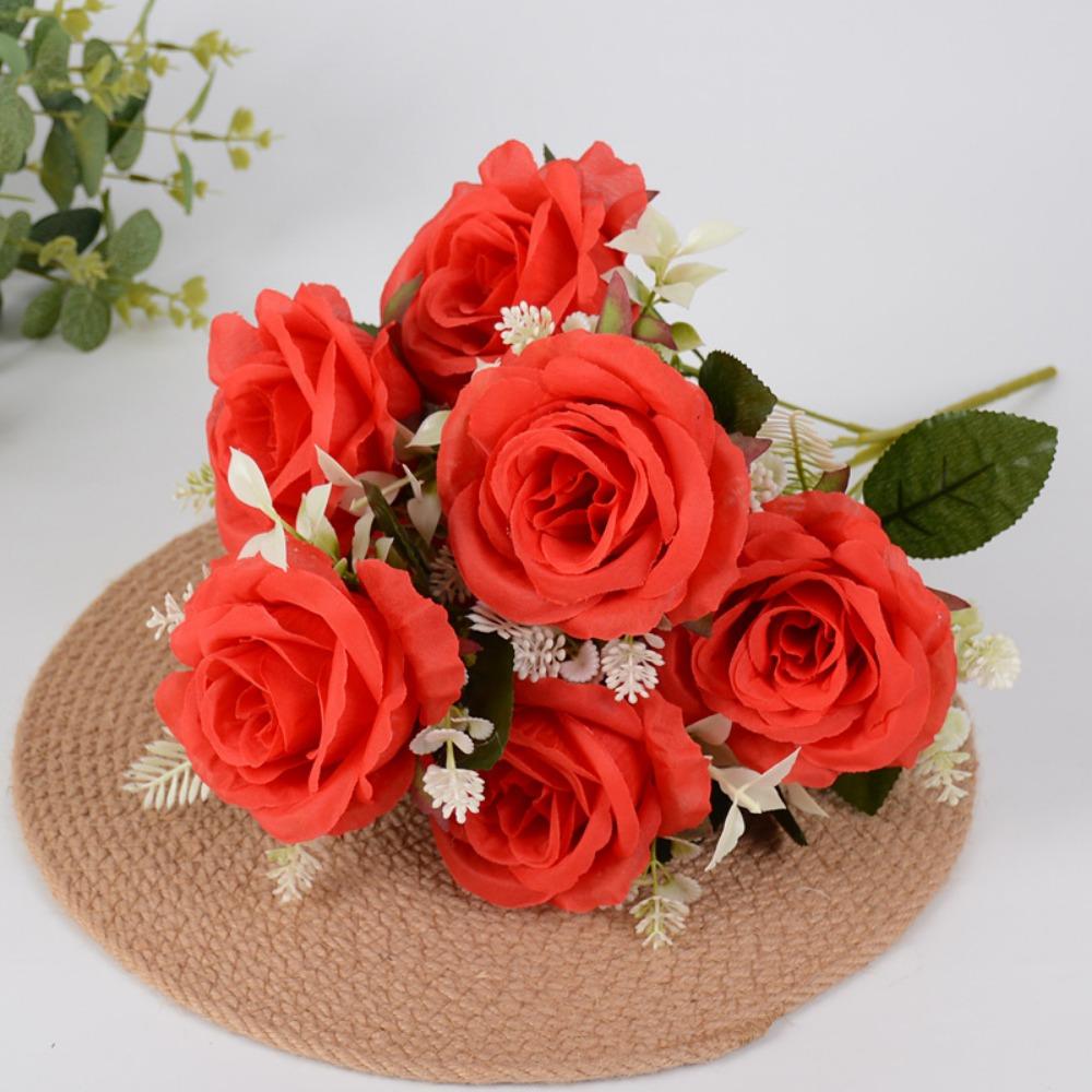 

7 Heads Real Happy Flower 10 Colors Mini Natural Simulated Rose Photography Photo Gift Crystal Grass Bouquet Home Decorative красный