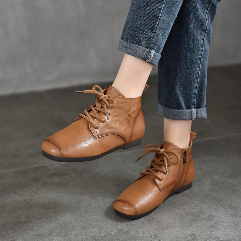 Johnature Genuine Leather Pleated Short Boots Round Toe Soft Sole Lace Up Versatile Women's Shoes