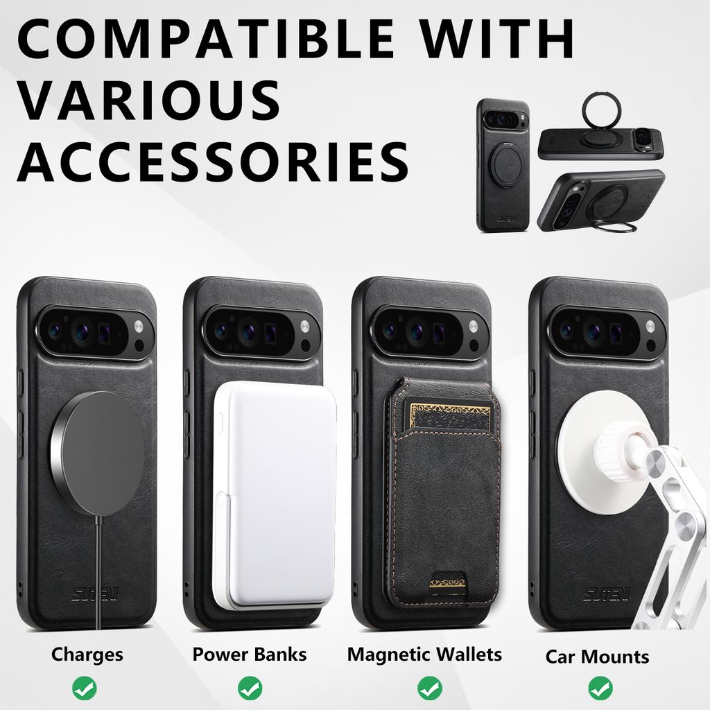 SUTENI G3 For Google Pixel 10/10 Pro Case Compatible with MagSafe Waxy Texture Rotating Kickstand Leather Phone Back Cover