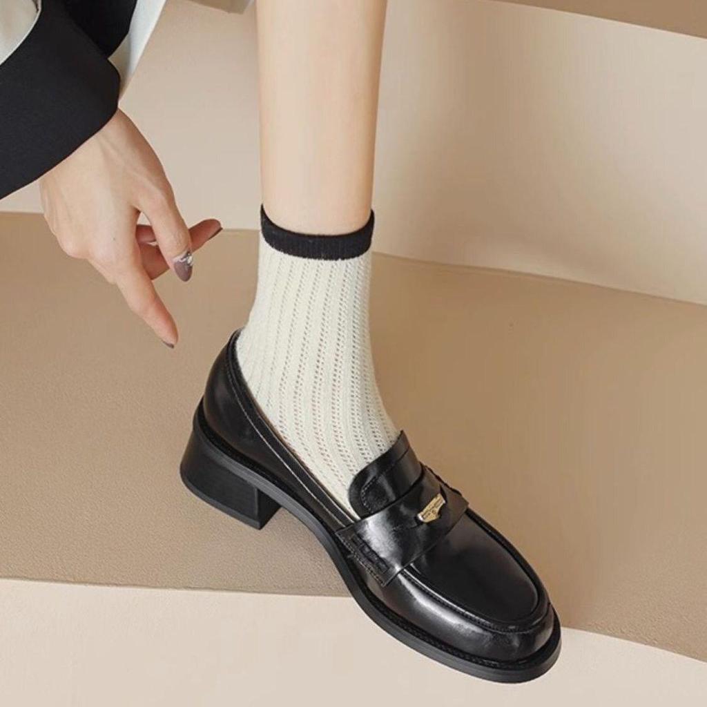 Women's 2025 Vintage Brown Preppy Loafers - Slip-On Coin Round Toe Leather Shoes with Kitten Heel