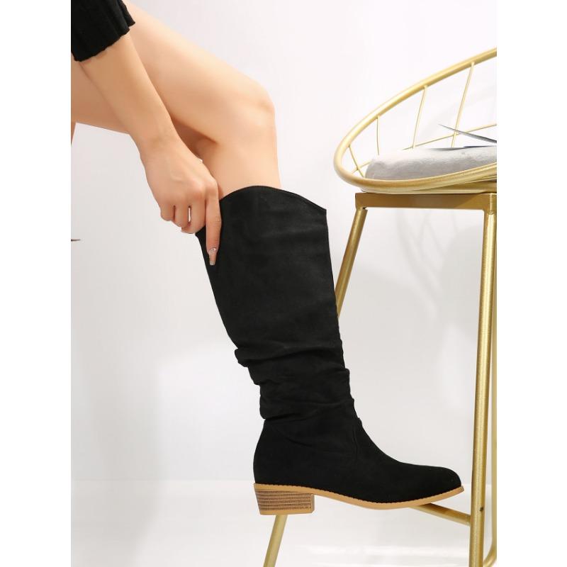 Damen Herbst/Winter Neu Übergröße Runde Zehenpartie Unifarben Ärmel Langstiefel Plissiertes Wildleder Martin-Stiefel