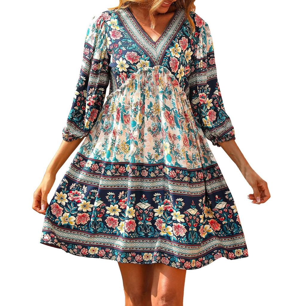 Summer  Casual Dresses V Neck 3/4 Long Sleeve Ruffle Floral Print  Short Beach Dress For Women 2022