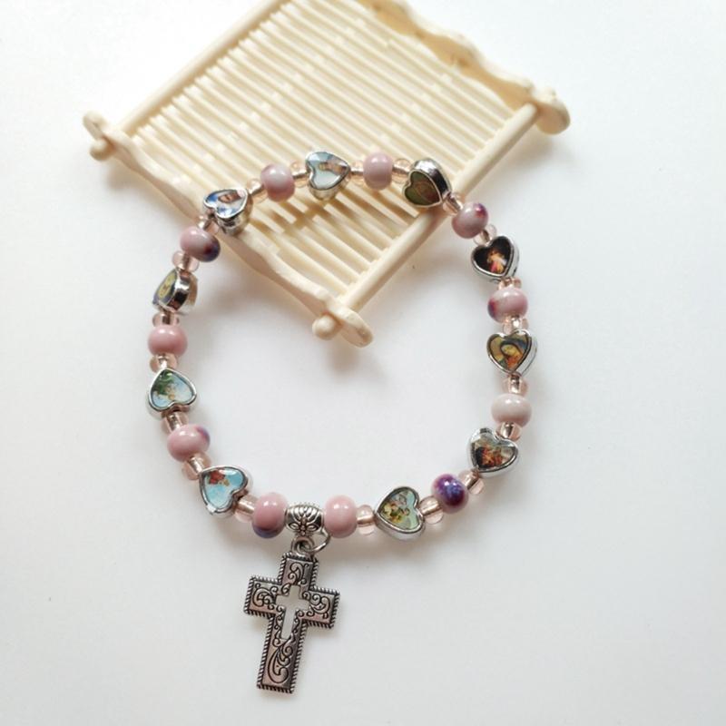 Jesus Cross Rosary Bracelet Lady Virgin Mary Jesus Cross Handmade Bead Chain Rose, Sacred Heart Compassion Rosary Bracelet Gift